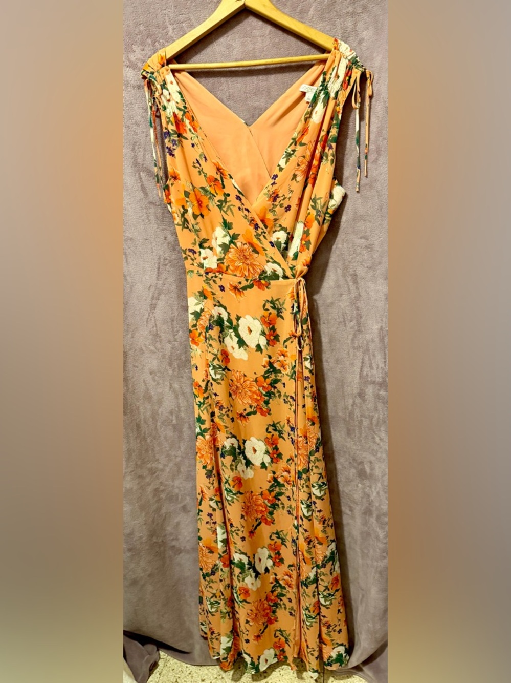 eva mendes for New York & Company Orange Floral Wrap Maxi Dress